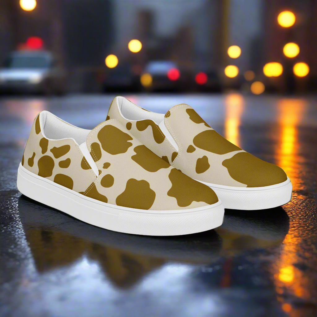 WildSage Cowhide Brown Slip-on Canvas Shoes with a stylish cow print design