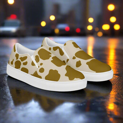 WildSage Cowhide Brown Slip-on Canvas Shoes with a stylish cow print design