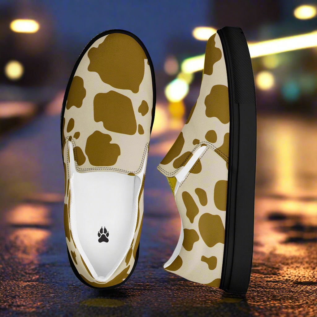 WildSage Cowhide Brown Slip-on Canvas Shoes with Stylish Cow Print Design