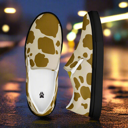 WildSage Cowhide Brown Slip-on Canvas Shoes with Stylish Cow Print Design