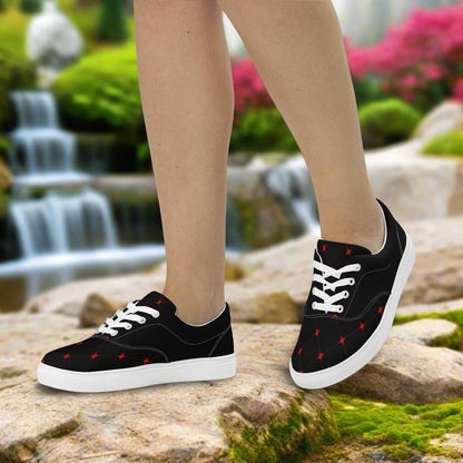 Crimson Diamond Halftone Lace-up Canvas Shoes displayed with a stylish look by a model on a scenic outdoor background