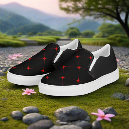 Crimson Diamond Halftone Slip-on Canvas Shoes with a modern black design and versatile style