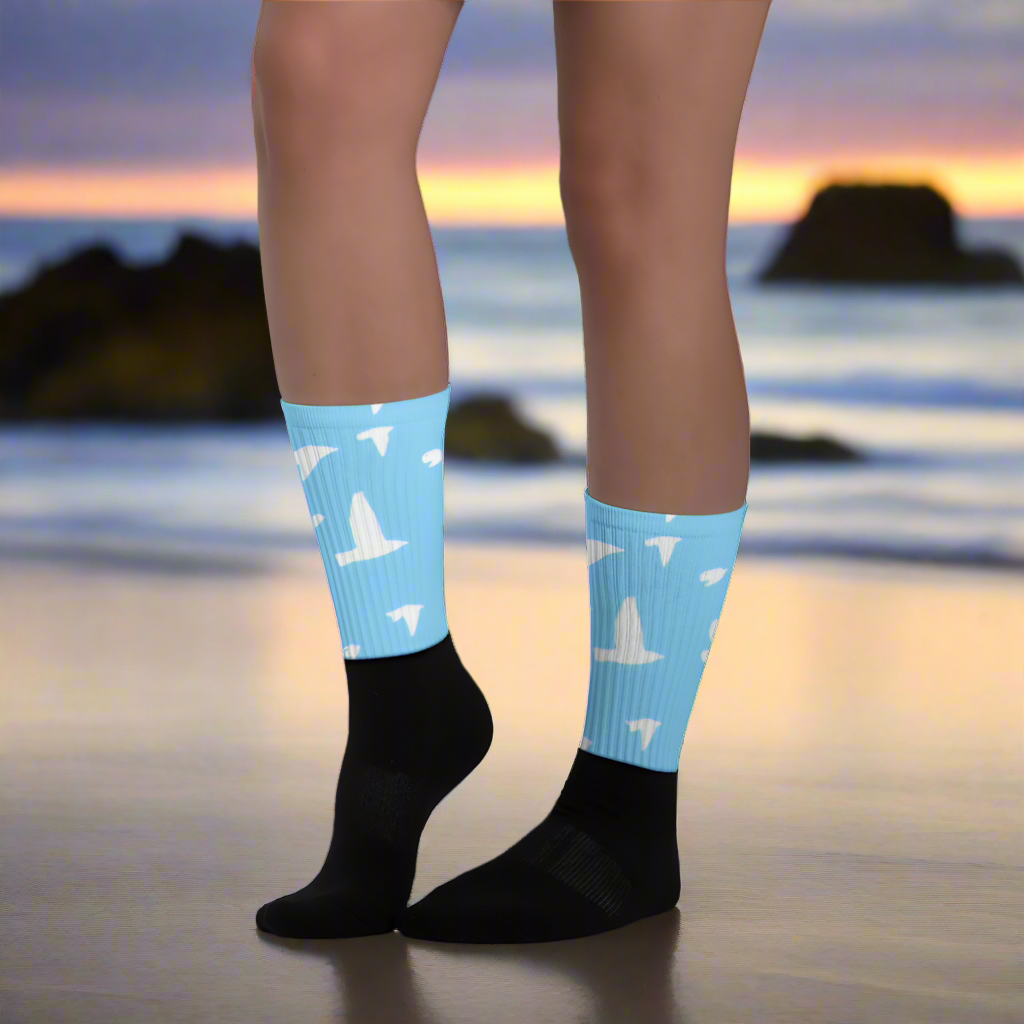 Custom socks white birds on blue with a stylish design, perfect for casual wear and summer outings