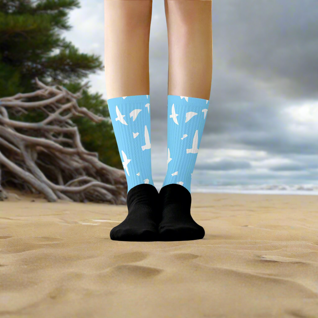 WildSage custom socks white birds on blue for a stylish beach look and comfortable wear