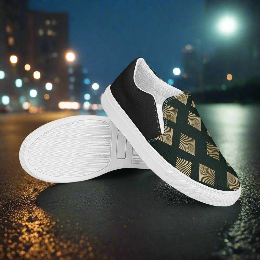 Deco Diamond Halftone Slip-on Canvas Shoes featuring a stylish black and gold design for casual wear