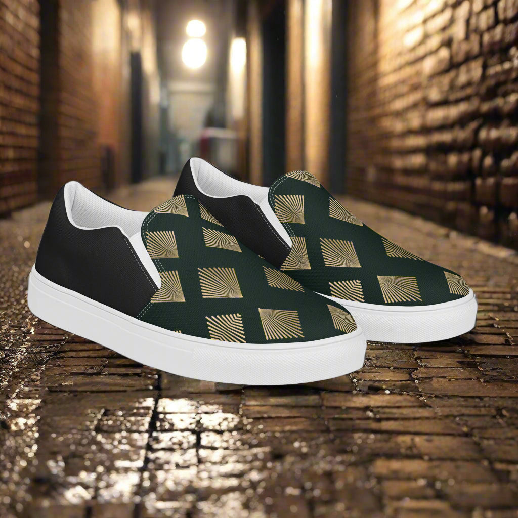 Deco Diamond Halftone Slip-on Canvas Shoes in black and gold with a stylish geometric pattern