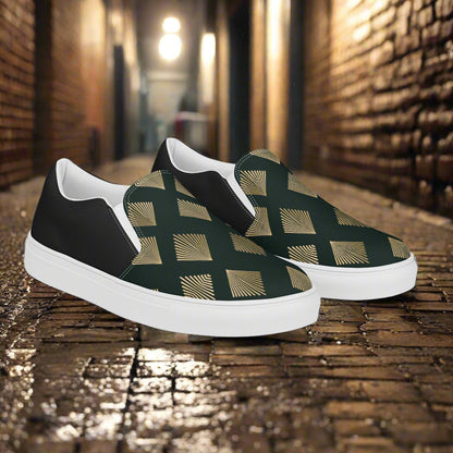 Deco Diamond Halftone Slip-on Canvas Shoes in black and gold with a stylish geometric pattern