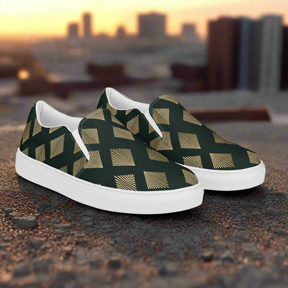 Deco Diamond Slip-on Canvas Shoes featuring a geometric pattern in gold and green for stylish comfort