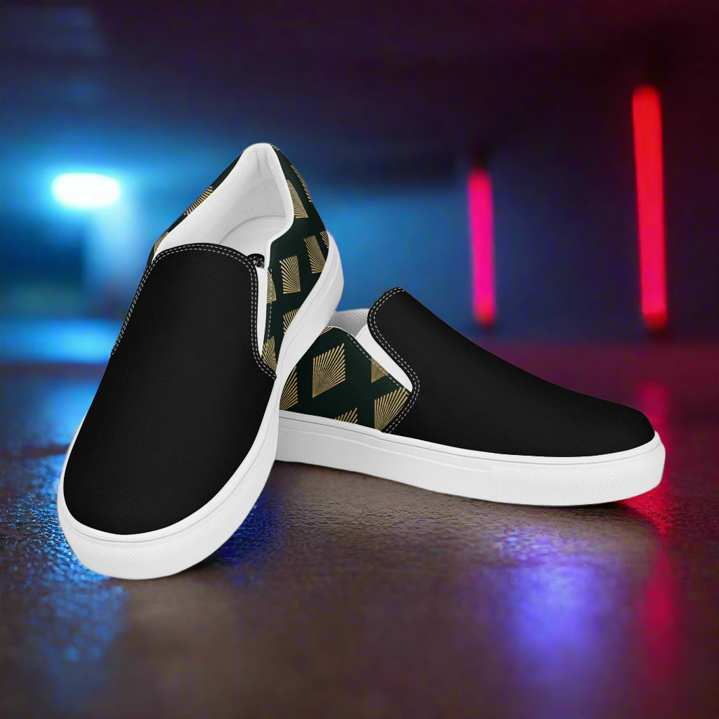 Deco Diamond Two Tone Slip-on Canvas Shoes featuring a stylish black and green design