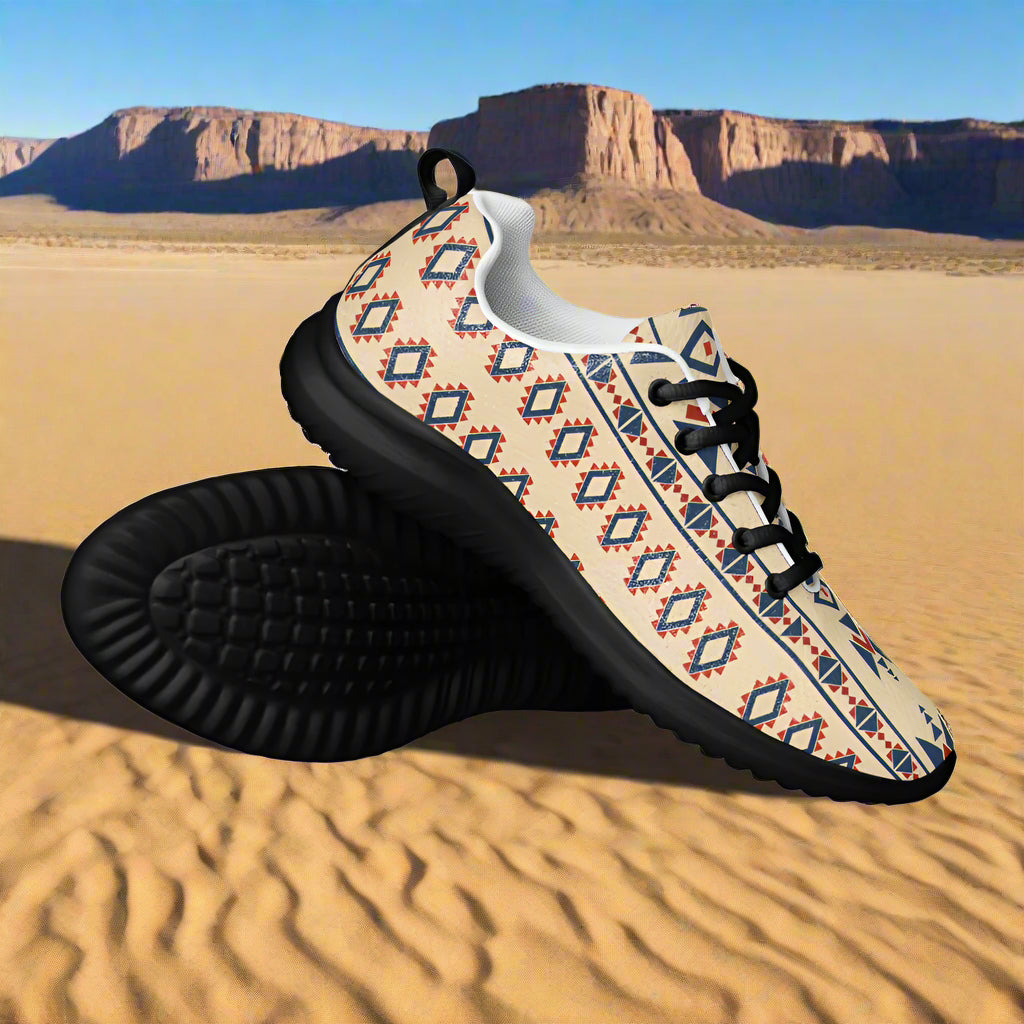 Desert Sol Southwest Print Athletic Shoes for women with a stylish tribal design on a desert background