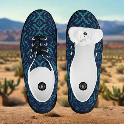 WildSage Market Southwest Lace-up Canvas Shoes teal geometric pattern top view over desert