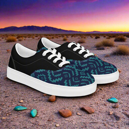 WildSage Market Southwest patterned Lace-up Canvas Shoes in black with teal Aztec pattern and white soles on desert backdrop
