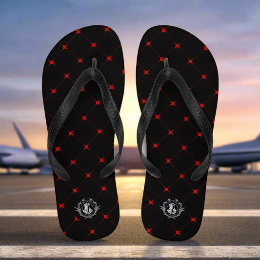 WildSage Market designer summer footwear featuring a stylish black and red pattern on flip flops