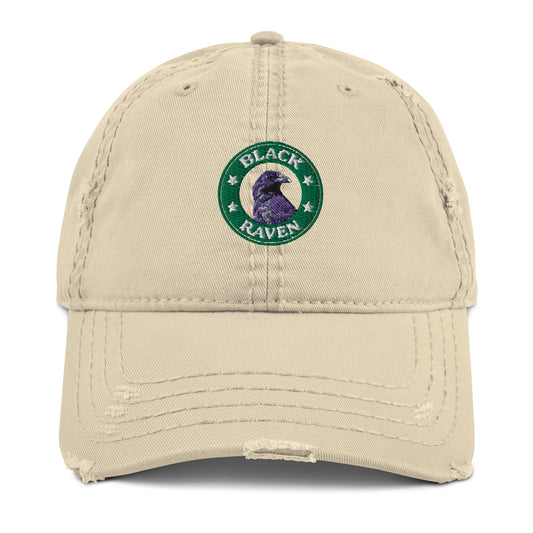 Distressed Hat Black Raven Logo with a faded design and adjustable strap for casual wear