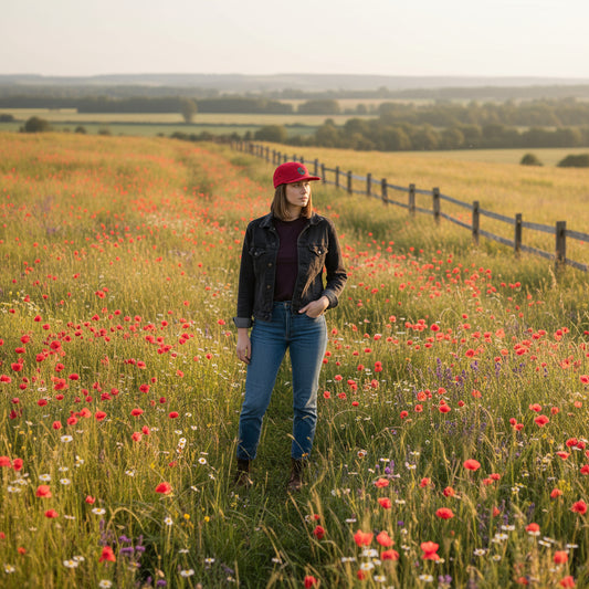 Red cap featuring embroidered cap black raven logo perfect for stylish outdoor adventures
