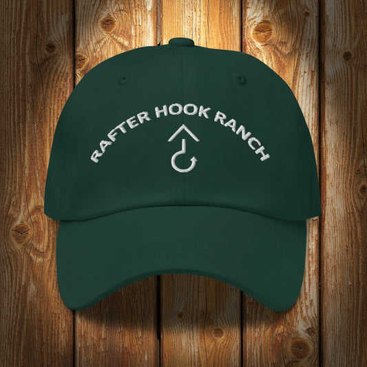 Embroidered dad hat in dark green featuring Rafter Hook Ranch logo