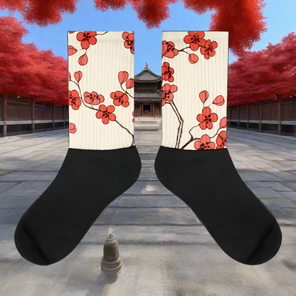 Floral design socks women featuring vibrant cherry blossom pattern against a striped background