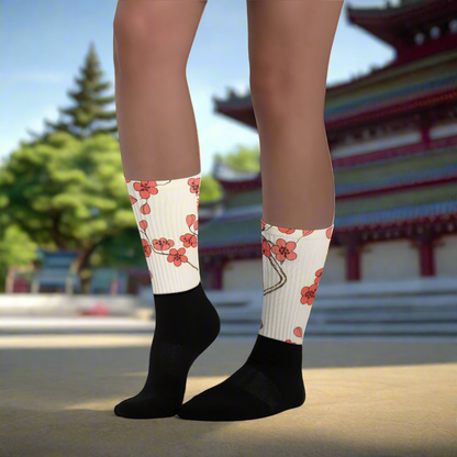 WildSage Market floral design socks women with vibrant flowers on white and black background