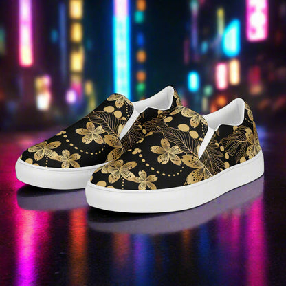 Golden Lily Slip-on Canvas Shoes with Floral Design and Classic White Sole for Casual Wear