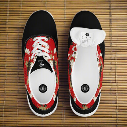 WildSage Market Custom Lace-up Canvas Shoes top view red floral pattern black toe caps on bamboo mat