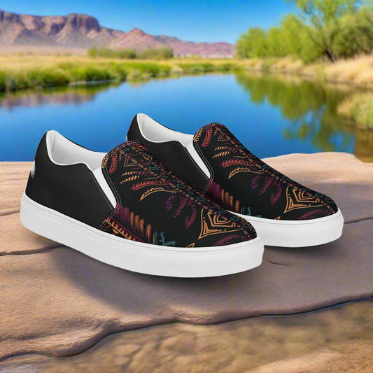 Iktomi Halftone Slip-on Canvas Shoes in black with colorful tribal patterns perfect for casual outings