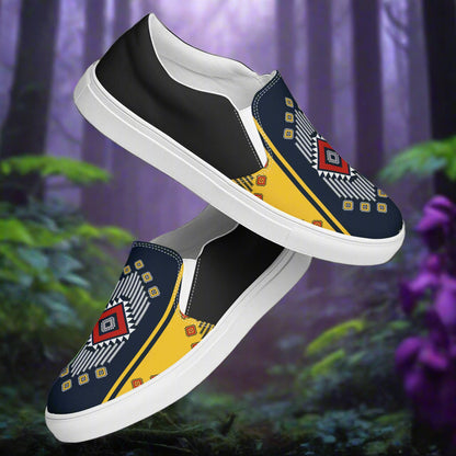 Kaibito Halftone Slip-on Canvas Shoes featuring a vibrant geometric pattern in yellow and black