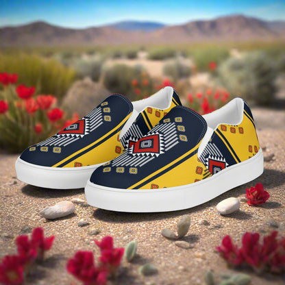 Kaibito Southwest Print Slip-on Canvas Shoes featuring vibrant patterns on a desert background