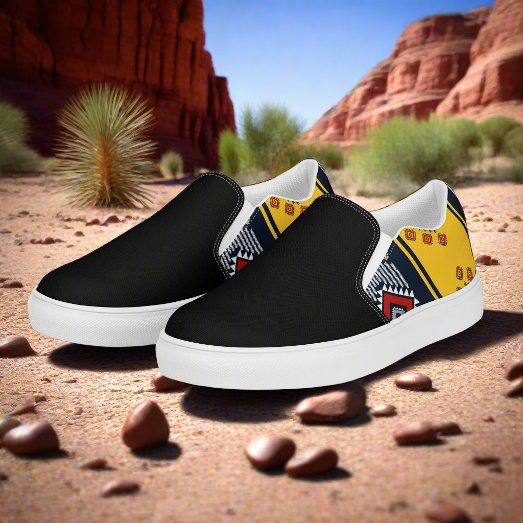 Kaibito Two Tone Slip-on Canvas Shoes featuring a bold design with black and vibrant patterns