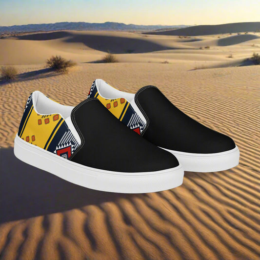 Kaibito Two Tone Slip-on Canvas Shoes in Black and Yellow with Tribal Patterns