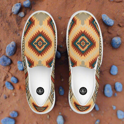 Kayenta Southwest Print Slip-on Canvas Shoes featuring a unique geometric pattern in earthy tones