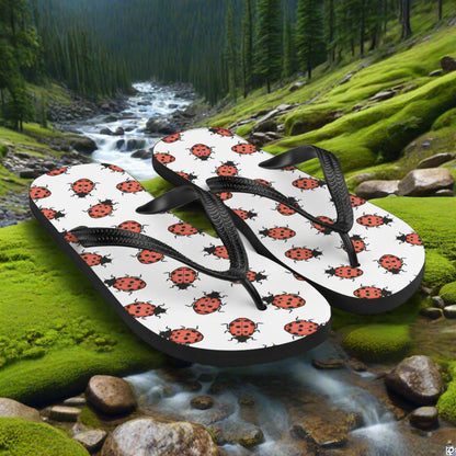 Ladybug print flip-flops with black straps on a scenic forest background
