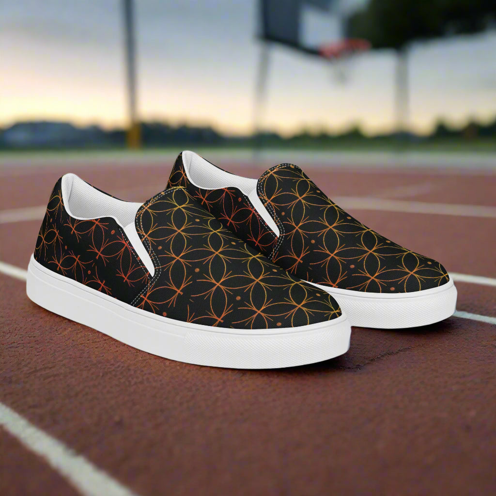 Luna Black Slip-on Canvas Shoes with a stylish geometric pattern for comfortable wear