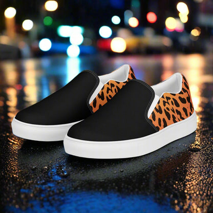 WildSage Market Mens Cheetah Two Tone Slip on Canvas Shoes with black front and leopard print back