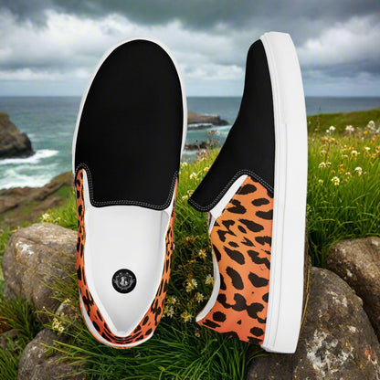 Mens Cheetah Two Tone Slip on Canvas Shoes with black and cheetah print design from WildSage Market