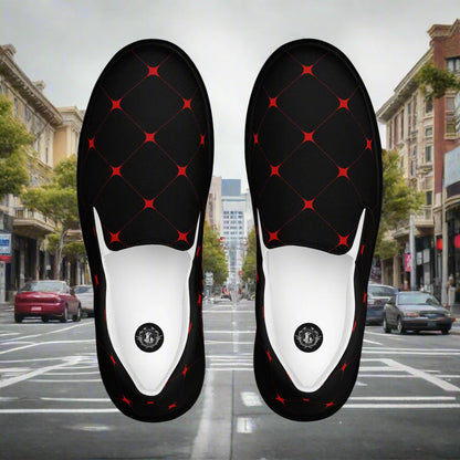 Mens Crimson Diamond Slip on Canvas Shoes by WildSage Market in black with red diamond pattern