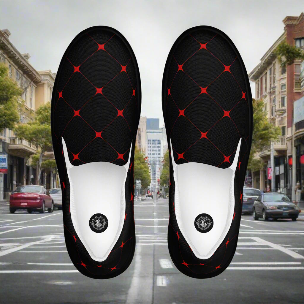 custom black canvas slip on shoes with a red diamond pattern