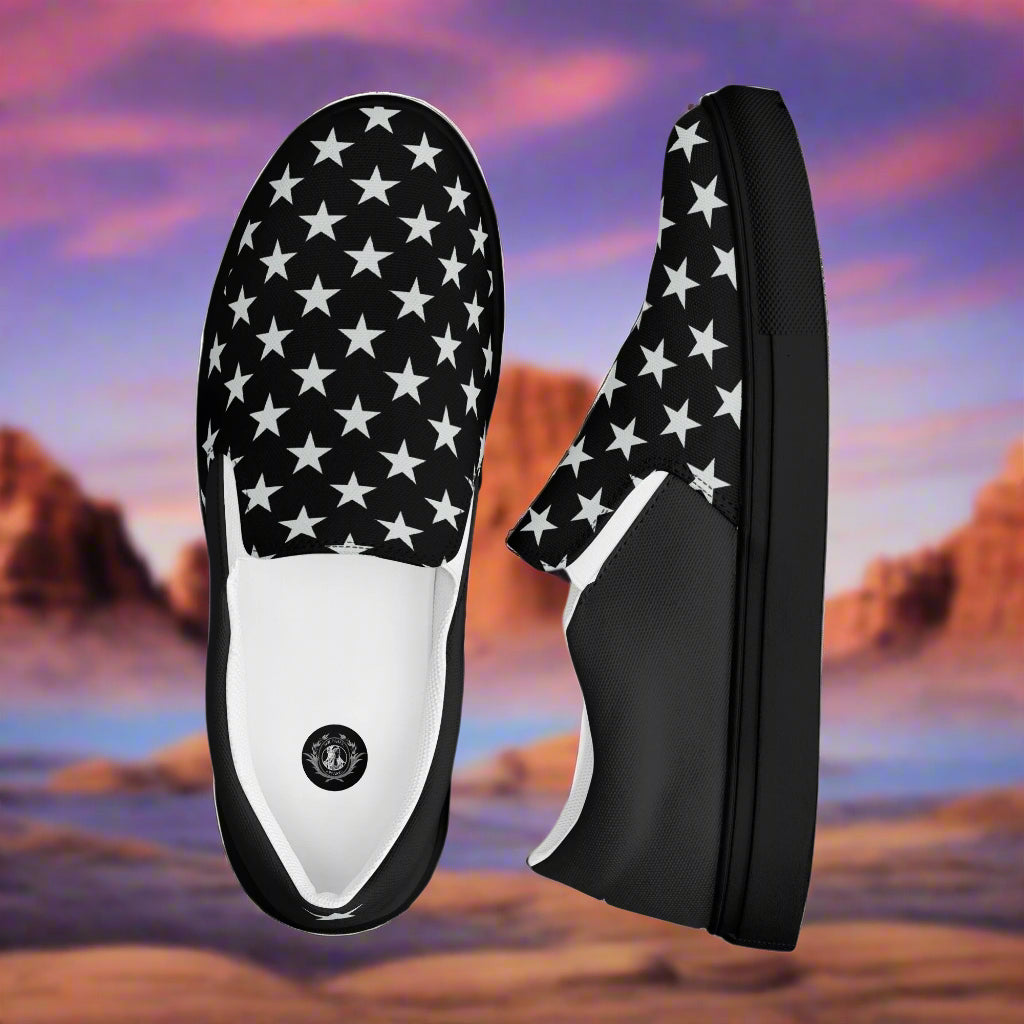 black canvas two tone slip on shoes with a white star pattern