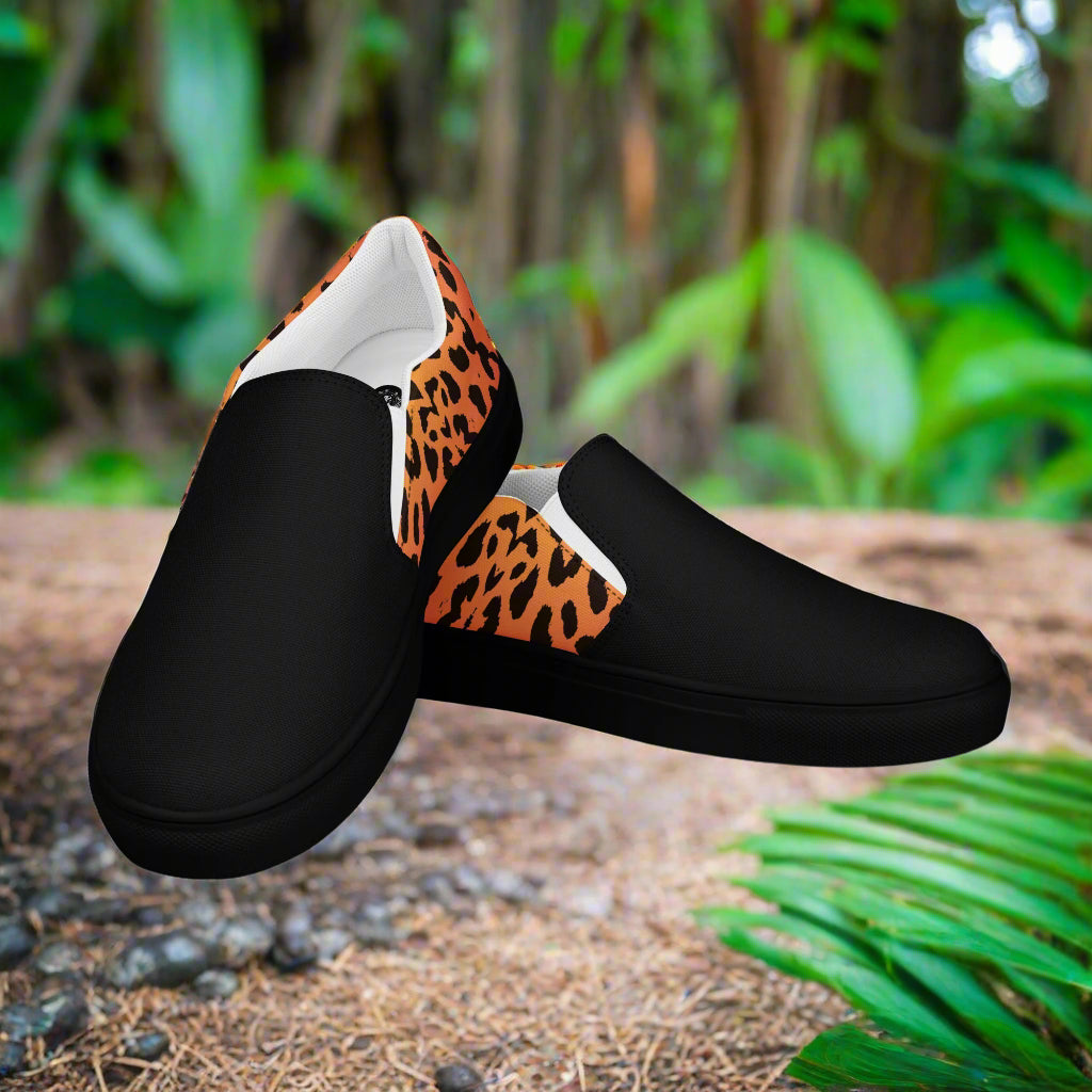 custom black two tone slip on canvas shoes with a cheetah animal skin pattern