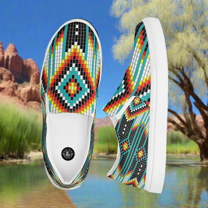 Mens Southwest canvas slip-on shoes featuring a vibrant geometric design for casual wear