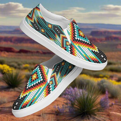 Mens Southwest canvas slip-on shoes with vibrant geometric patterns for stylish comfort