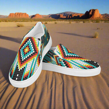 WildSage Market mens Southwest canvas slip-on shoes featuring a colorful geometric pattern