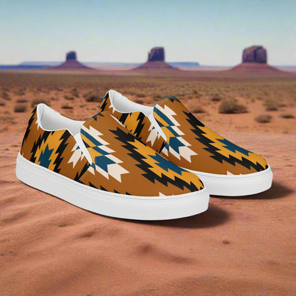 Mens Southwest pattern slip-on shoes featuring a vibrant geometric design, perfect for casual wear.