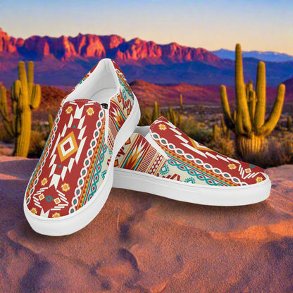 Mens Southwest slip-on canvas shoes featuring vibrant patterns suitable for casual wear in sunny environments