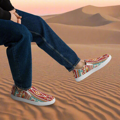 Mens Southwest slip-on canvas shoes featuring vibrant patterns for casual and comfortable wear