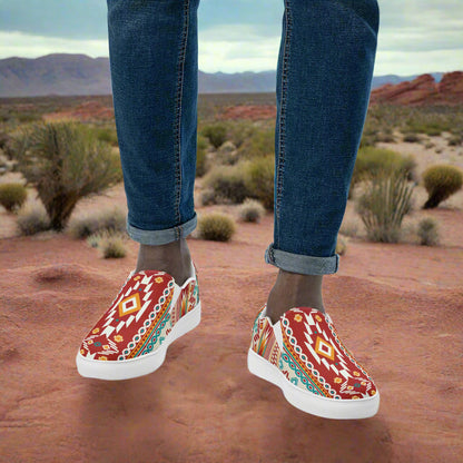 Mens Southwest slip-on canvas shoes with vibrant tribal patterns suitable for casual outings