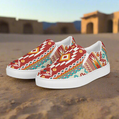 Mens Southwest slip-on canvas shoes with vibrant tribal patterns for comfortable everyday wear