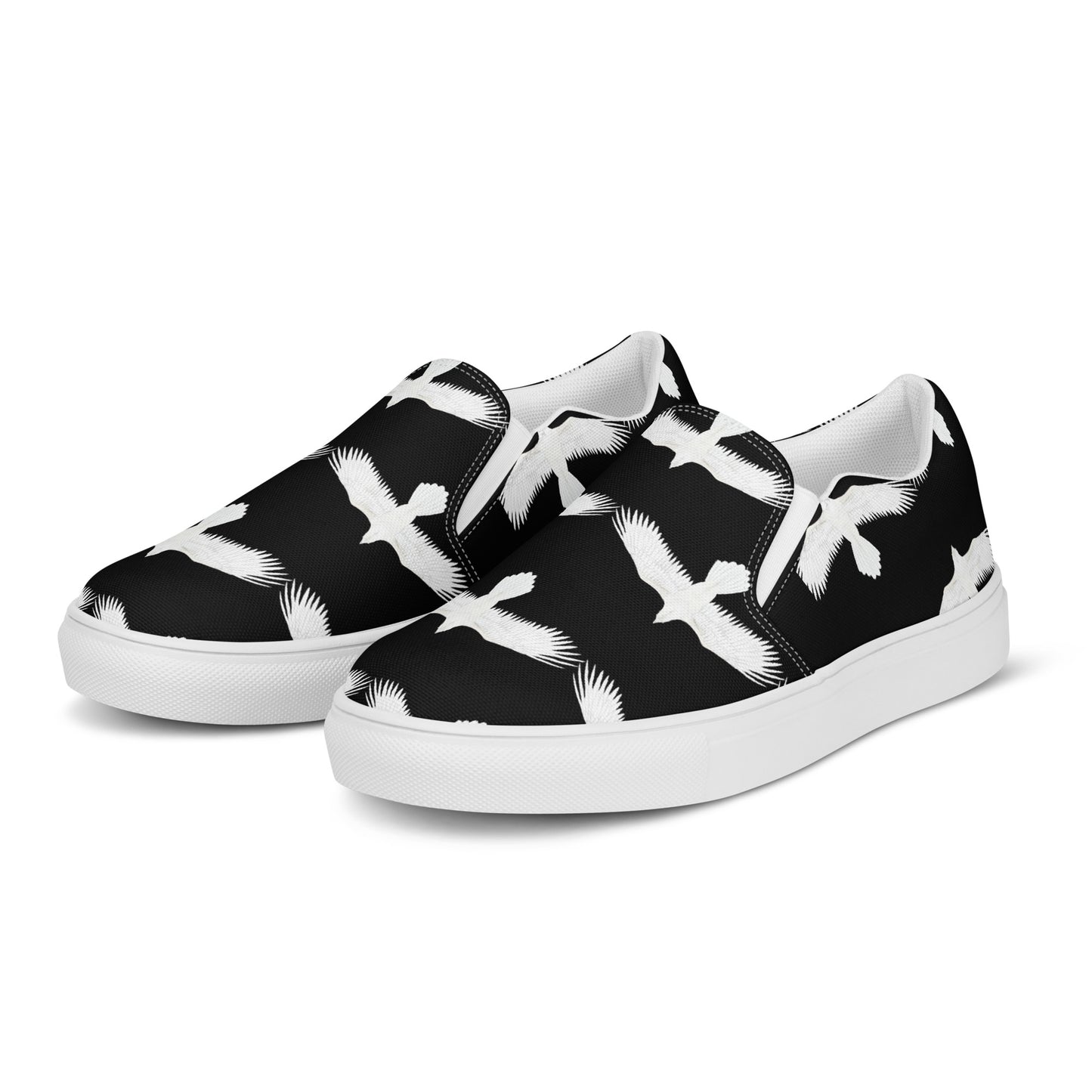 WildSage Market mens white raven print slip on shoes with black background and white sole