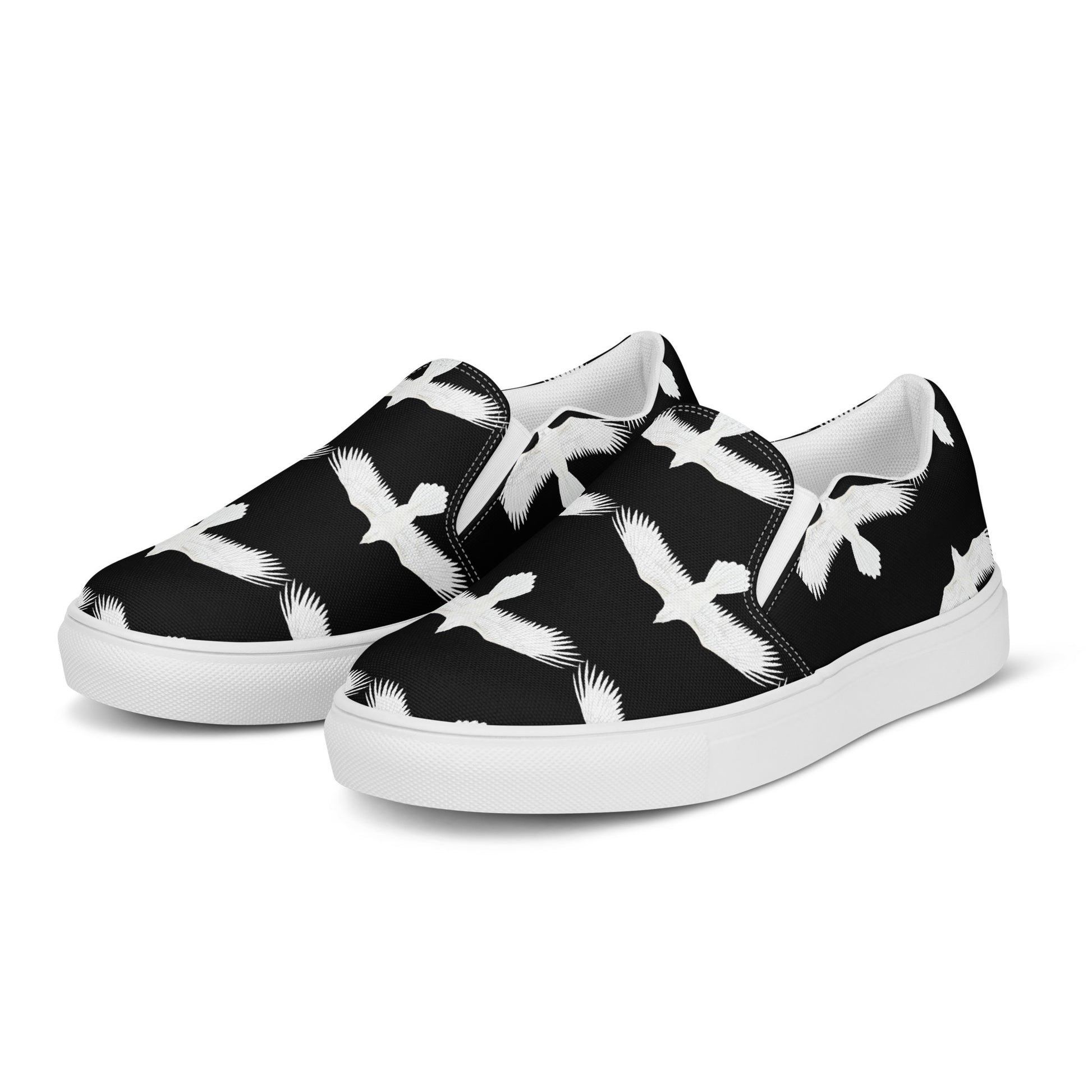 WildSage Market mens white raven print slip on shoes with black background and white sole