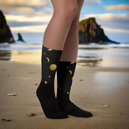 Moon and Stars Unisex Black Bottom Socks featuring a cosmic design perfect for casual wear
