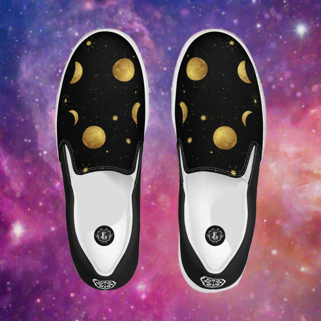 Moonstar Halftone Slip-on Canvas Shoe with celestial print of moons and stars on a black background
